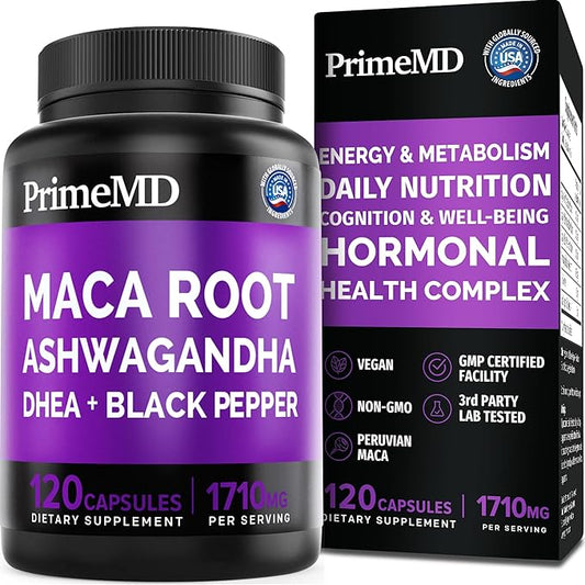 6-in-1 Organic Maca Root Ashwagandha Capsules 1710mg with DHEA and Black Pepper Fruit Extract - Maca Root Capsules for Women and Men - Stamina, Bone and Mood Support Supplement, 120ct (40 Servings)