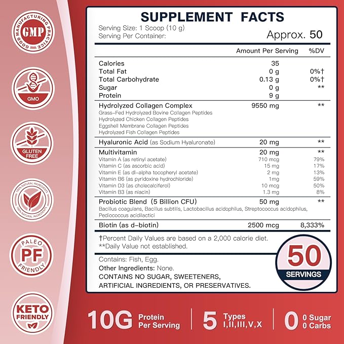 Multi-Collagen-Peptide-Powder with Probiotics, 50 Servings of
