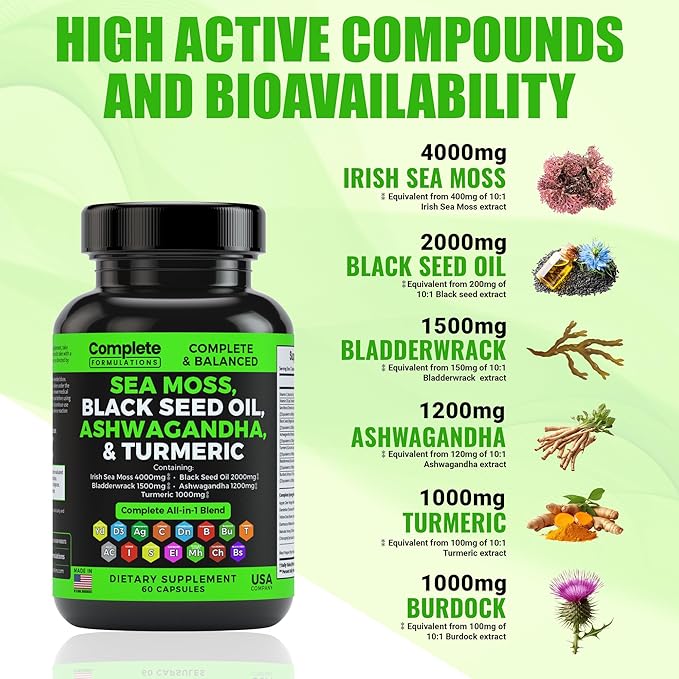 4000mg Sea Moss Supplement Blend 2000mg Ashwagandha 1200mg Turmeric 1000mg Bladderwrack 1500mg, Burdock 1000mg & D3 with