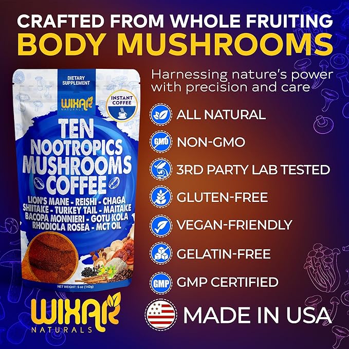 Wixar Nootropics Mushroom Coffee - Ten Superfood Extract Instant Coffee Powder with Lions Mane, Turkey Tail, Reishi, Chaga, Shiitake, Rhodiola Rosea, Gotu Kola, Bacopa - 5oz Mushrooms Supplement