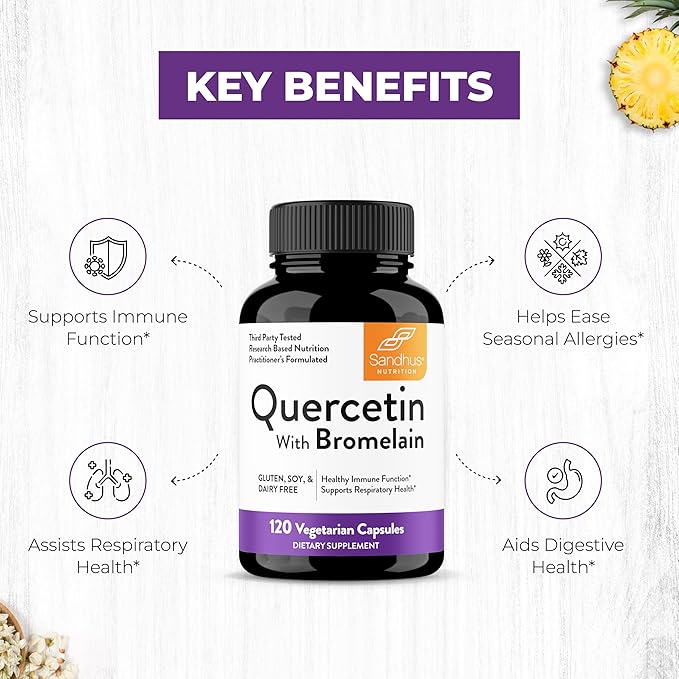 Sandhu's Quercetin with Bromelain Supplement - 1000mg Per Serving 120 Vegetarian Capsules - Bioflavonoids Quercitin Complex for Immune Support & Respiratory Health