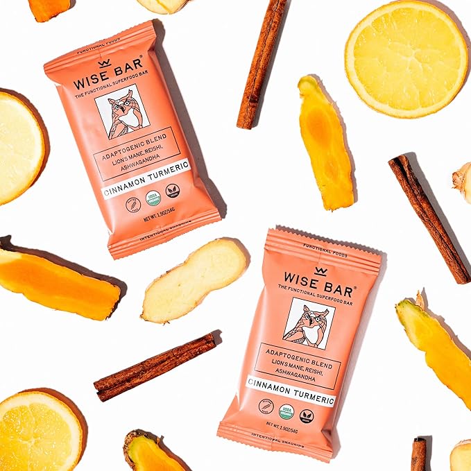 WISE BAR Adaptogen Mushroom Nutrition Bars with Reishi, Lions Mane & Ashwagandha, Organic Vegan & Gluten Free Snacks for Natural Focus, Energy & Immunity Support, Cinnamon Turmeric Flavor, 12 Count