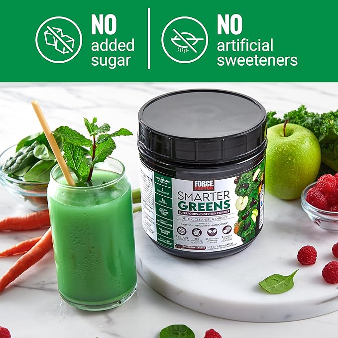 Force Factor Smarter Greens Superfoods Powder to Support Digestion, Gut Health, Bloating, Greens Powder with Probiotics, Prebiotics, Digestive Enzymes, & Adaptogens, Pomegranate Berry, 60 Servings
