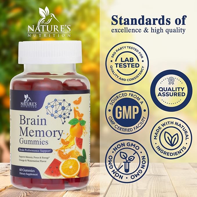 Brain Supplement Gummy for Memory, Focus B6 B12, B12, Caffeine 60 Gummies