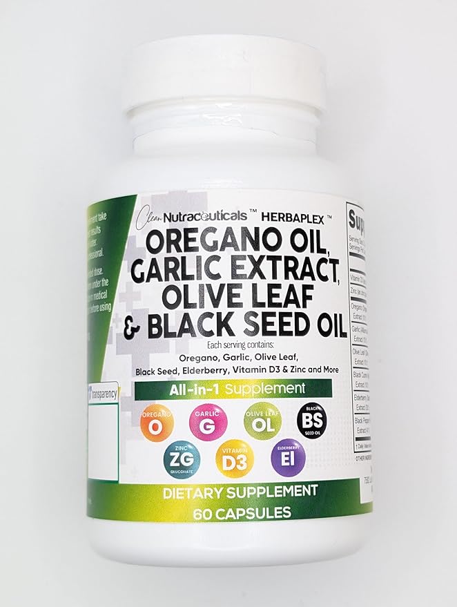 Clean Nutraceuticals Oregano Oil Garlic Extract Olive Leaf Black Seed Oil - Immune Support & Digestive Health Supplement for Women and Men with Vitamin D3 & Zinc - 1Pack