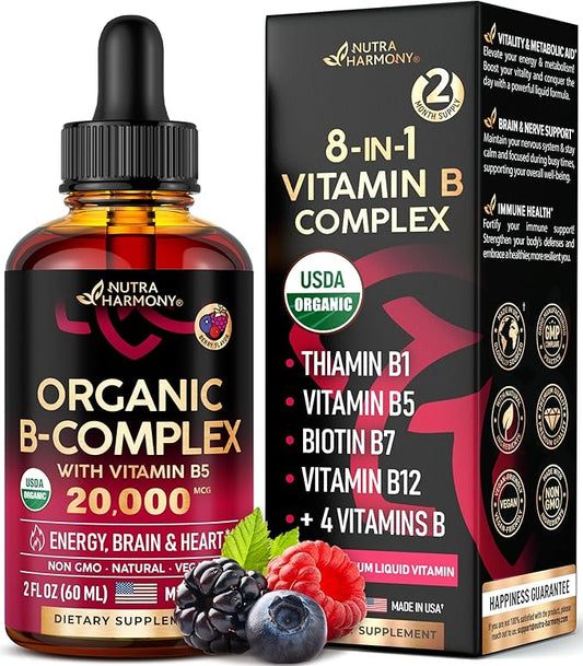 USDA Organic Vitamin B-Complex B5 Pantothenic Acid B12 Methylcobalamin B1 Thiamine B6 Pyridoxine B7 Biotin B9 Folic B3 Niacinamide 2fl oz