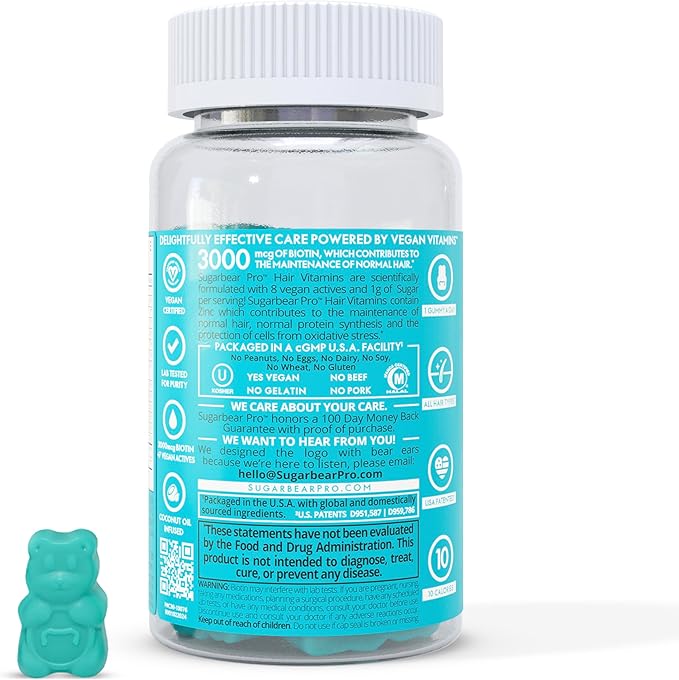 SugarbearPRO Hair Vitamin Extra Strength 6000mcg Men,B12, MSM, 3, Elderberry, 1 Month