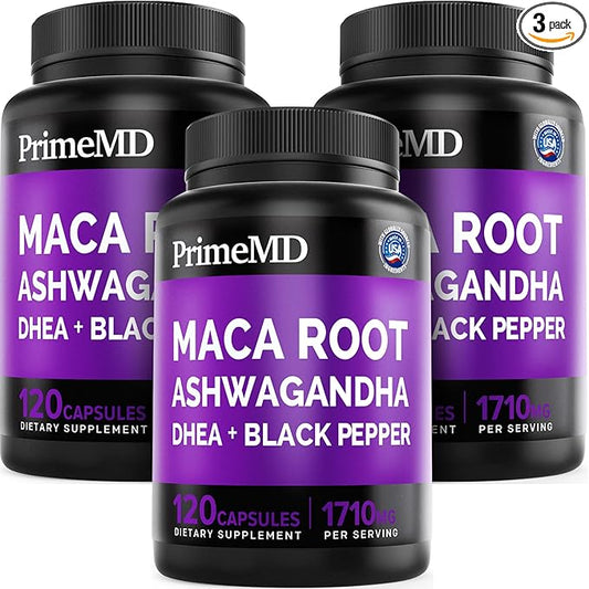 PrimeMD 6-in1 Organic Maca Root Ashwagandha Capsules 1710mg with DHEA and Black Pepper Fruit Extract - Maca Root Capsules for Women and Men - Stamina, Bone and Mood Support Supplement, 360ct (3 Pack)