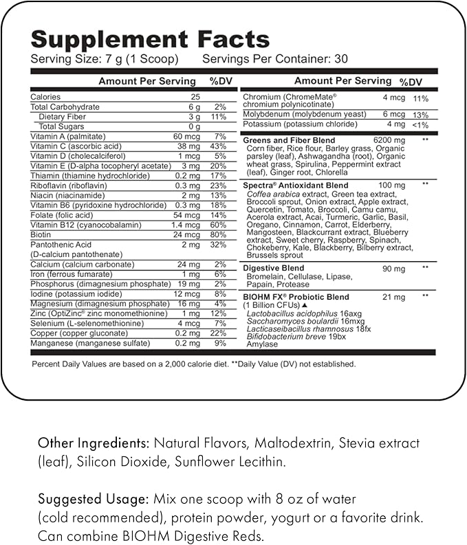 BIOHM Digestive Greens, Green Superfood Powder with Antioxidants, Vitamins and Probiotics, Super Greens, Supplement with Enzymes, Ashwagandha, Spirulina, Chlorella, Berry Flavor (30 Servings)