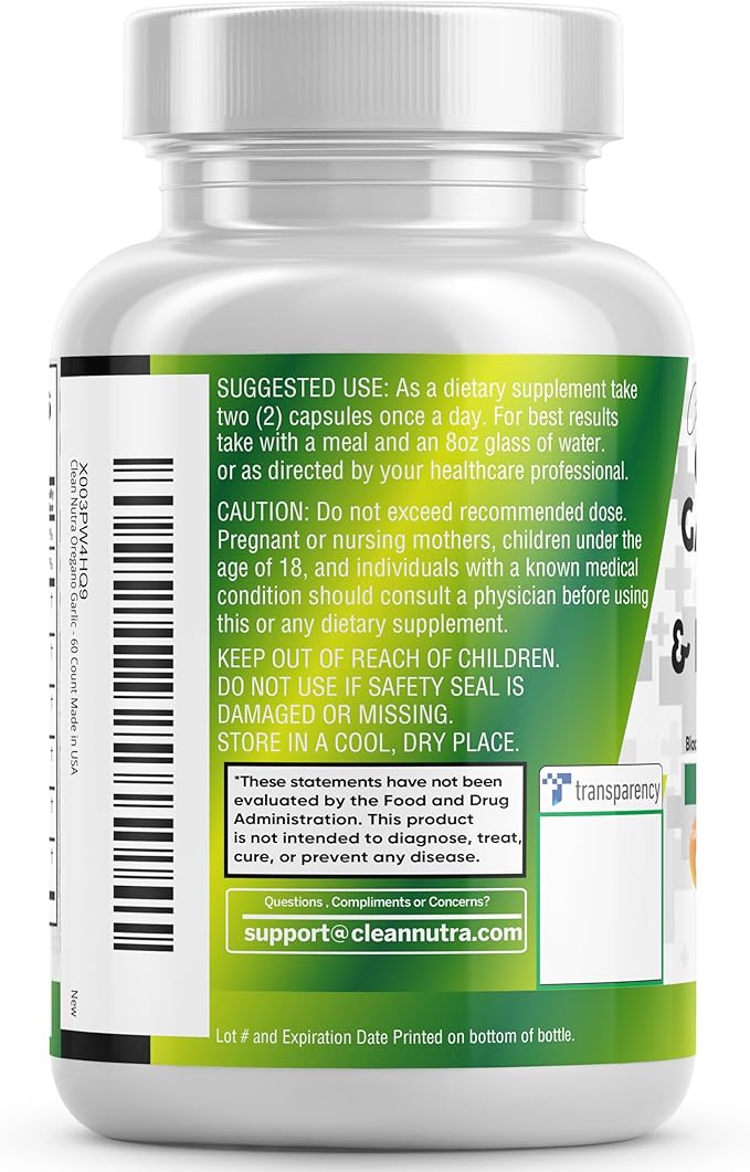 Clean Nutraceuticals Oregano Oil Garlic Extract Olive Leaf Black Seed Oil - Immune Support & Digestive Health Supplement for Women and Men with Vitamin D3 & Zinc - 1Pack