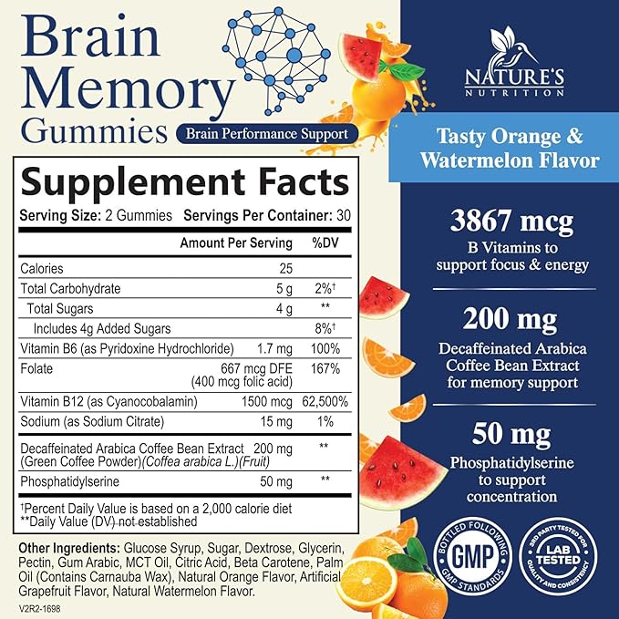 Brain Supplement Gummy for Memory, Focus B6 B12, B12, Caffeine 60 Gummies