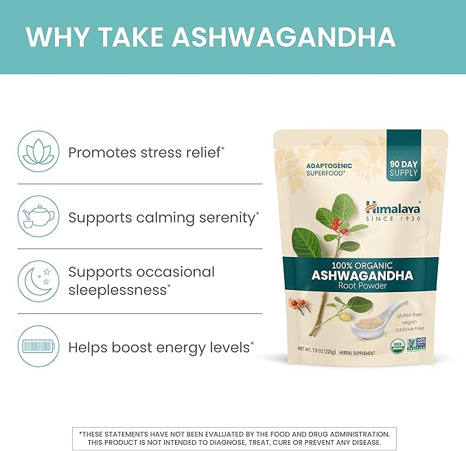 Himalaya Organic Ashwagandha Powder, Adaptogenic Superfood 7.9 oz, 3 Month