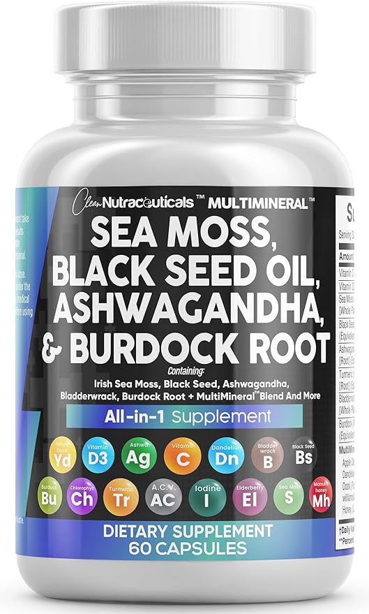 Sea Moss 3000mg Black Seed Oil 2000mg Ashwagandha 1000mg Turmeric 1000mg Bladderwrack 1000mg Burdock 1000mg & D3 with