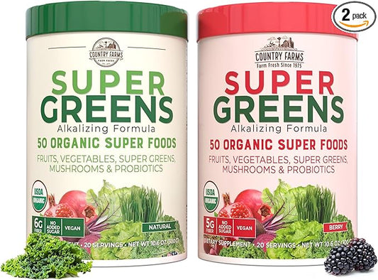 COUNTRY FARMS Super Greens Power Pack, 50 Organic Super Foods, Greens Powder with Probiotics for Gut Health & Bloating Relief, Supports Energy, Unflavored & Berry, 40 Serving