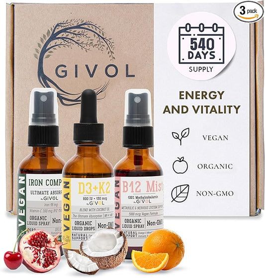 Energy & Vitality Bundle Liquid Vitamin B12 Methylcobalamin, D3 (Lichen) K2 (MK4 (MK4 & MK7), Non-GMO, 2 Fl (60 ml) 540 Days