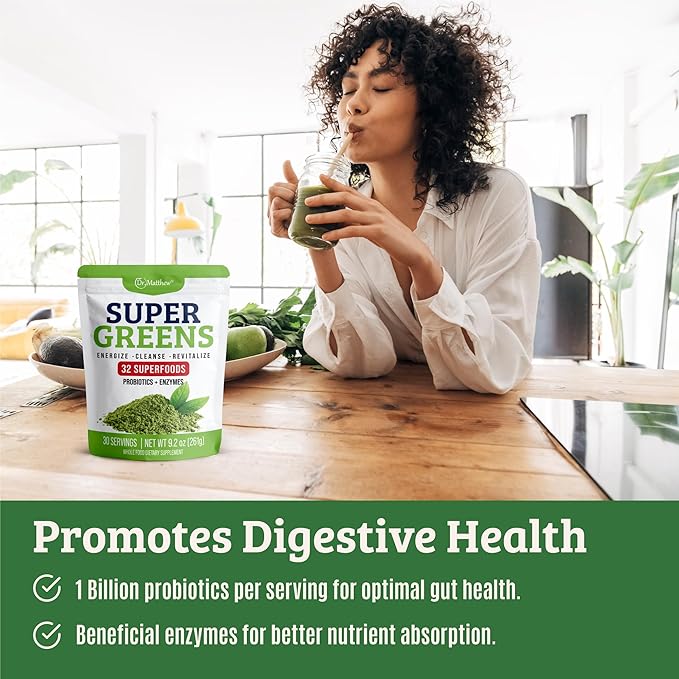 Green Juice Powder. Supergreens Superfood Powder. Detox Greens for Bloating and Digestion. Veggie Powder with Probiotics & Enzymes. Chlorella, Spirulina, Wheat Grass, Ashwagandha. 32 Superfoods