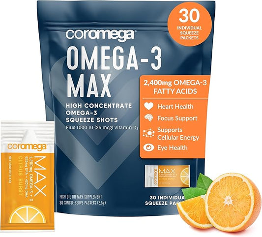 Coromega MAX High Concentrate Omega 3 2400mg Omega-3s Omega-3s with 3X Better 30 Single
