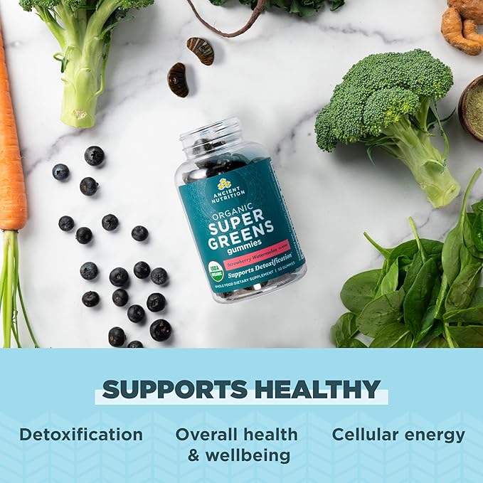 Ancient Nutrition Supergreens Gummy, Organic Superfood Gummy Made from Real Fruits, Vegetables and Herbs, for Digestive and Energy Support, 50 Count, Strawberry Watermelon