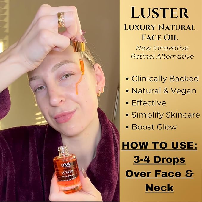 Luster Bakuchiol Oil Serum, Retinol Alternative, Anti-Aging, Superfood Face Oil with Bakuchiol, Astaxanthin, Rosehip Oil, Meadowfoam Oil, Squalane, Pomegranate Oil for the Face, Natural Skincare