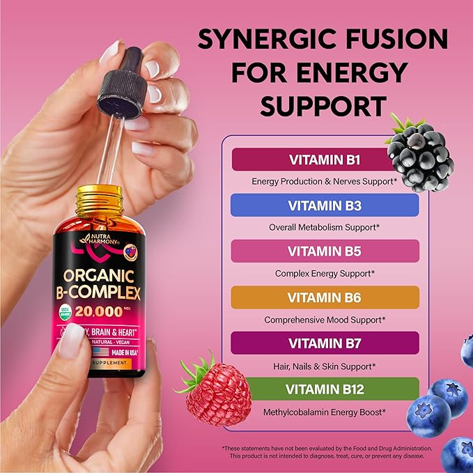 USDA Organic Vitamin B-Complex B5 Pantothenic Acid B12 Methylcobalamin B1 Thiamine B6 Pyridoxine B7 Biotin B9 Folic B3 Niacinamide 2fl oz