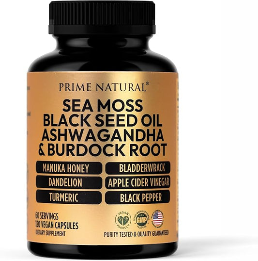 Sea Moss 3000mg Black Seed Oil 2000mg Ashwagandha 1000mg Turmeric 1000mg Bladderwrack 1000mg Burdock 1000mg Manuka 120 Capsules 60 days