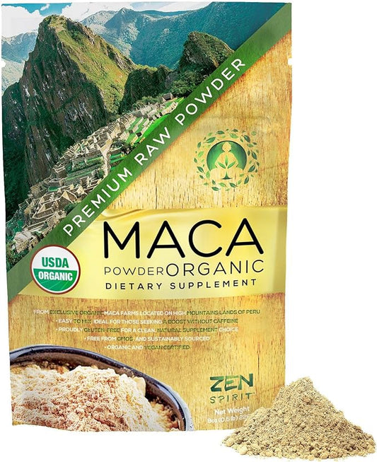 Zen Spirit Maca Root Powder Organic - Peruvian Root Premium Grade Superfood (Raw) - USDA & Vegan Certified - 1 Bag (8oz) - Perfect for Breakfast, Smoothies, Baking & Ice Cream.