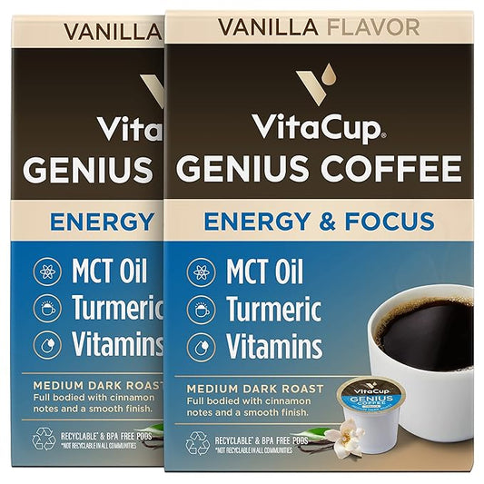 Genius Vanilla Keto Coffee Pods by VitaCup w/MCT Oil, Turmeric, B Vitamins, & D3 for Energy & Focus in Recyclable Single Serve Pod Compatible with K-Cup Brewers Including Keurig 2.0, 32 CT