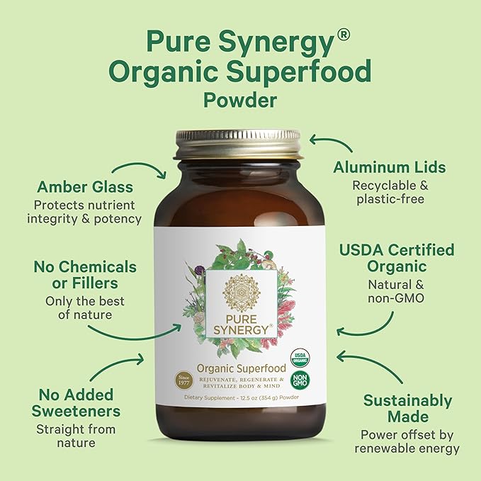 PURE SYNERGY Organic Superfood Powder | Organic Green Superfood Powder | Whole Food Supplement with Organic Greens, Spirulina and Mushrooms | for Energy, Healthy Aging, and Immune Health (12.5 oz)