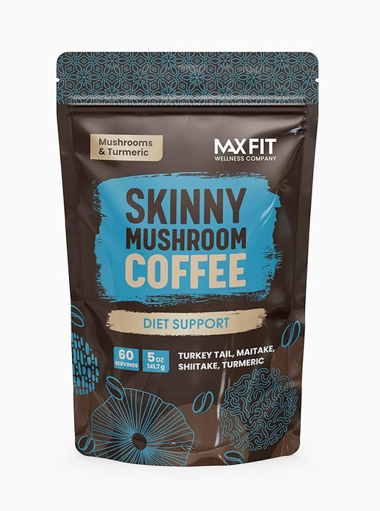 Skinny Instant Mushroom Coffee Organic (60 Servings) Mental Focus Plus Diet Support - Turkey Tail, Maitake, Shiitake & Turmeric, Mixed With Gourmet 100% Arabica Medium Roast Instant Coffee