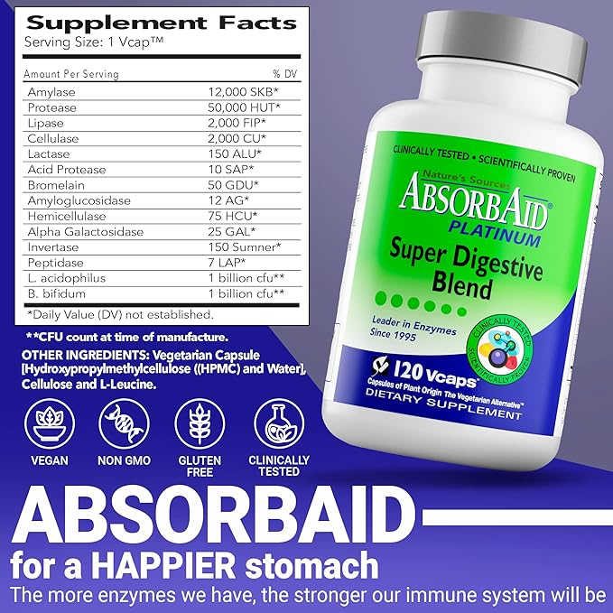 AbsorbAid Platinum Digestive Enzyme Support 120 12 Digestive 2 Probiotics