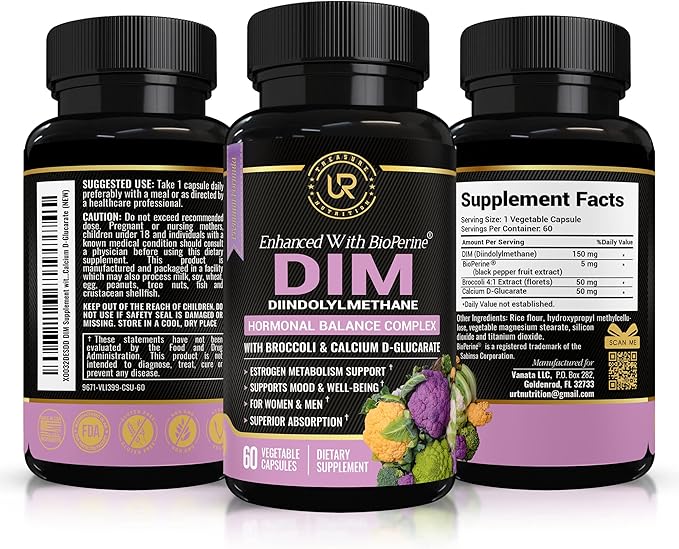 DIM Supplement with Broccoli Extract and BioPerine - Natural Hormone Balance Support for Women and Men - Estrogen Balance - Menopause, Acne - 60 Vegetarian Capsules with Calcium D-Glucarate