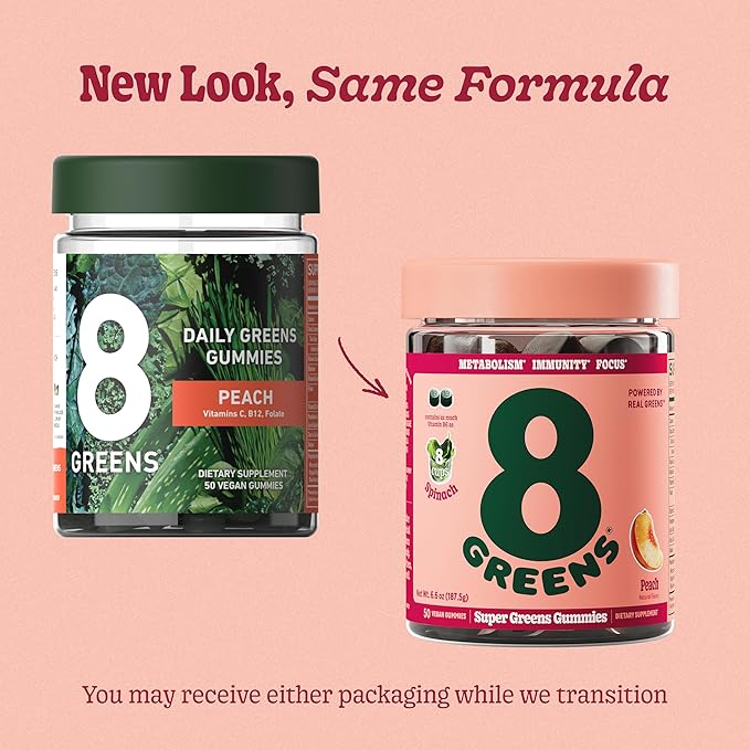 8Greens Supergreens Gummies | Super Greens Powder Superfood Gummy for Metabolism, Immunity & Focus, Digestive Health Enzymes, Organic: Chlorella, Spirulina, Aloe Vera, Peach Flavor, 200 Count