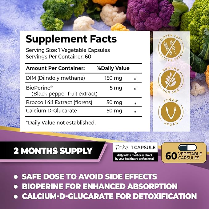 DIM Supplement with Broccoli Extract and BioPerine - Natural Hormone Balance Support for Women and Men - Estrogen Balance - Menopause, Acne - 60 Vegetarian Capsules with Calcium D-Glucarate