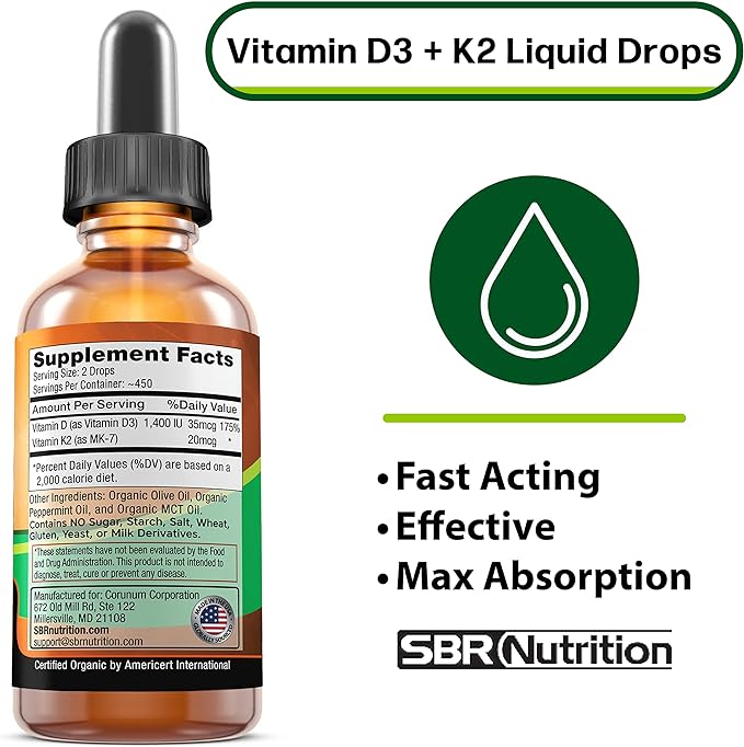 MAX Absorption, Vitamin D3 + K2 (MK-7) Liquid Drops with MCT Oil, Peppermint Flavor, Helps Support Strong Bones and Healthy Heart