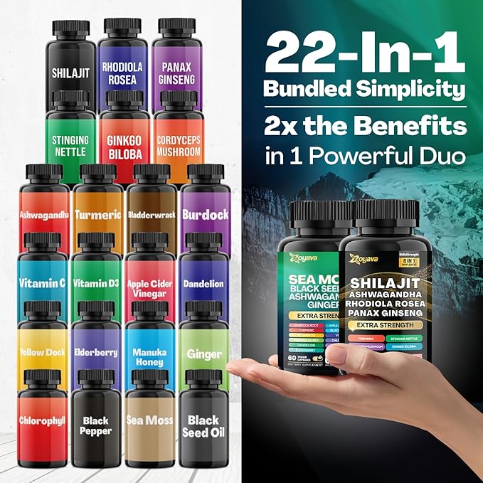 Zoyava Dynamic Vitality Bundle, Sea Moss 7000mg, Black 4000mg, Ashwagandha 2000mg, Ginger 9000mg, Rhodiola 1000mg, Panax (60 Count)