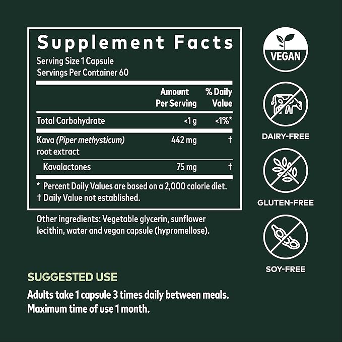 Gaia Herbs Kava Kava Root, Vegan 60 Count 75mg Active