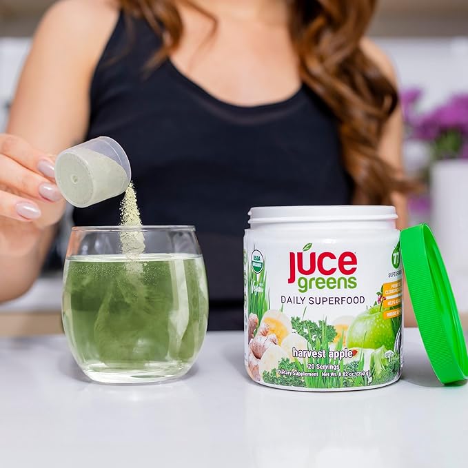 JUCE Green Superfood Powder, Organic Fruits and Veggies Supplement W/ 77 Superfoods Plus Prebiotic Probiotic Blend, Harvest Apple Flavor - 20 Servings (230 g) - By Terra Kai Organics