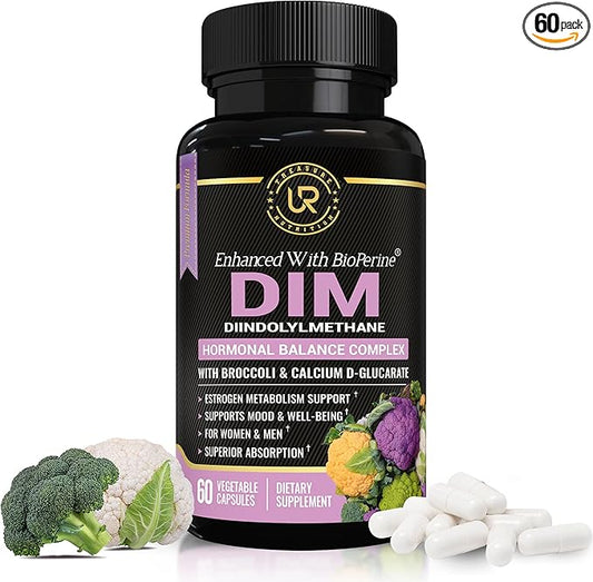 DIM Supplement with Broccoli Extract and BioPerine - Natural Hormone Balance Support for Women and Men - Estrogen Balance - Menopause, Acne - 60 Vegetarian Capsules with Calcium D-Glucarate
