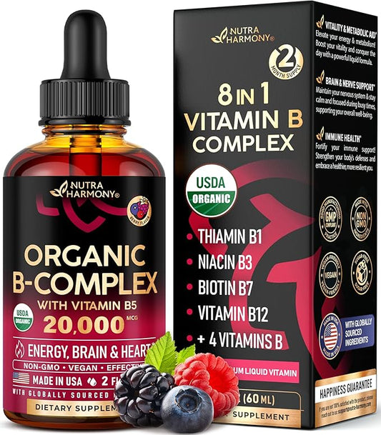 USDA Organic Vitamin B-Complex B5 Pantothenic Acid B12 Methylcobalamin B1 Thiamine B6 Pyridoxine B7 Biotin B9 Folic B3 Niacinamide 2fl oz
