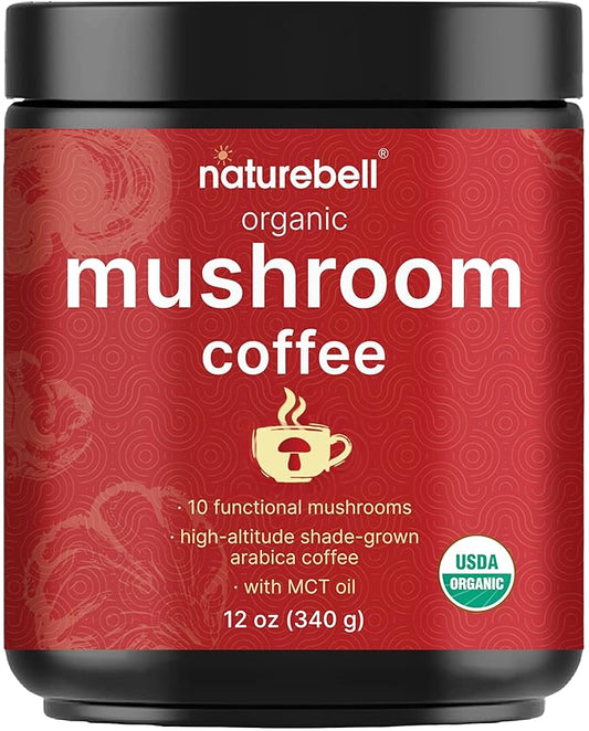 Organic Mushroom Coffee with MCT Oil, 12oz | 10 in 1 Adaptogenic Mushrooms – Lions Mane, Shiitake, Reishi, Chaga, & More – Energy, Immune Booster, & Brain Health Support – No Fillers