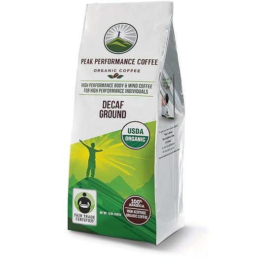 Peak Performance High Altitude Organic Decaf Coffee. Fair Trade, Low Acid, Non GMO, and Beans Full Of Antioxidants. Medium Roast Smooth Tasting USDA Certified Organic Decaffeinated Ground Coffee Bag