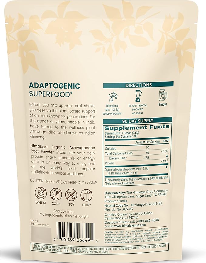 Himalaya Organic Ashwagandha Powder, Adaptogenic Superfood 7.9 oz, 3 Month