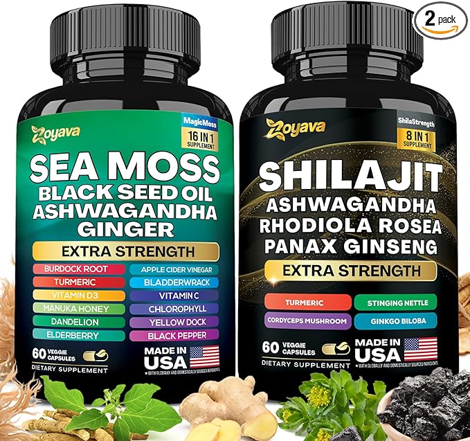 Zoyava Dynamic Vitality Bundle, Sea Moss 7000mg, Black 4000mg, Ashwagandha 2000mg, Ginger 9000mg, Rhodiola 1000mg, Panax (60 Count)
