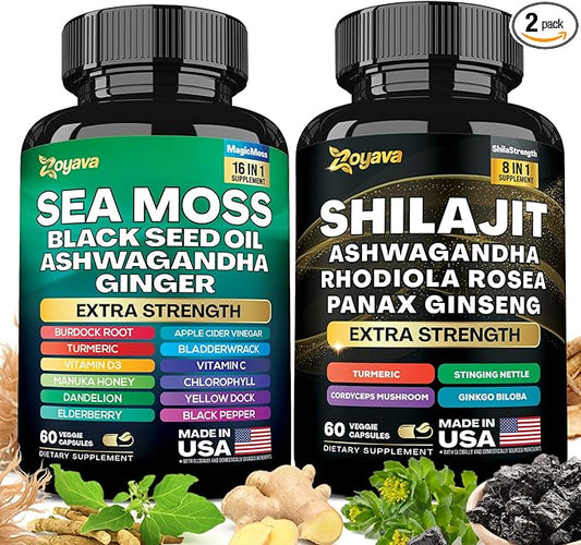 Zoyava Dynamic Vitality Bundle, Sea Moss 7000mg, Black 4000mg, Ashwagandha 2000mg, Ginger 9000mg, Rhodiola 1000mg, Panax (60 Count)