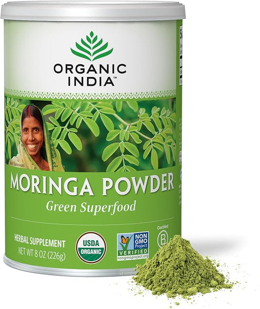 ORGANIC INDIA Moringa Powder - Moringa Oleifera Leaf Herbal Supplement, Green Superfood, Nutrient Dense, Pure Plant Protein, Vitamin A, E, K, Iron, Calcium, Fiber, Vegan, USDA Certified Organic - 8 oz