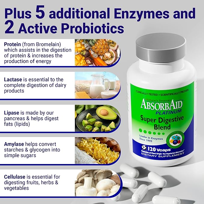 AbsorbAid Platinum Digestive Enzyme Support 120 12 Digestive 2 Probiotics
