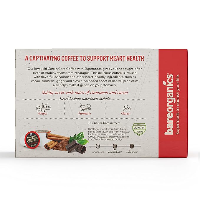 BareOrganics 13313 Cardio Care USDA Organic Coffee Pods, Compatible Organic Coffee Pods, Infused with Superfoods & Probiotics, Vegan Friendly, Gluten Free, 10 Single Serve Cups