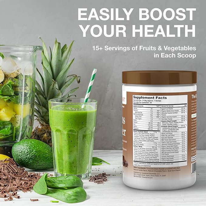 Greens First Original Greens Powder - 49 Superfoods - Organic Fruits & Veggies - Prebiotics, Probiotics, Digestive Enzymes - Antioxidant Smoothie - Dairy Free, Vegan, Non-GMO (Chocolate, 30 Servings)