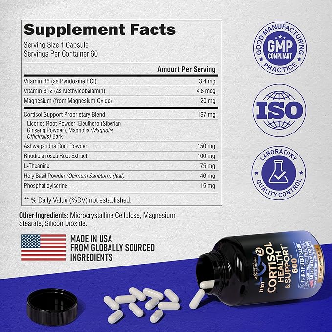 Cortisol Supplement - 11-in-1 Hormone Balance 600 mg 60 Capsules, 2 Month