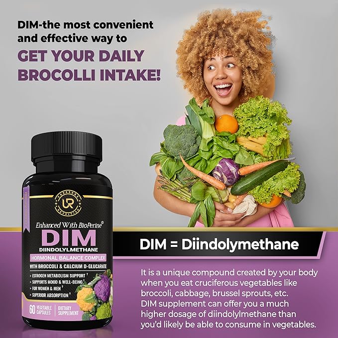 DIM Supplement with Broccoli Extract and BioPerine - Natural Hormone Balance Support for Women and Men - Estrogen Balance - Menopause, Acne - 60 Vegetarian Capsules with Calcium D-Glucarate